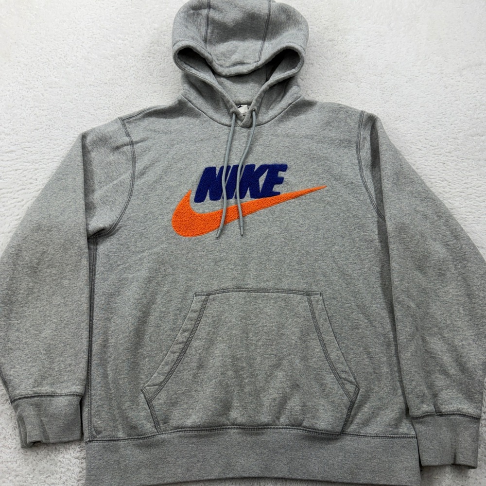 Nike Mens Hoodie Heather Grey‎ Chenille Patch Logo Pullover Sweatshirt Small